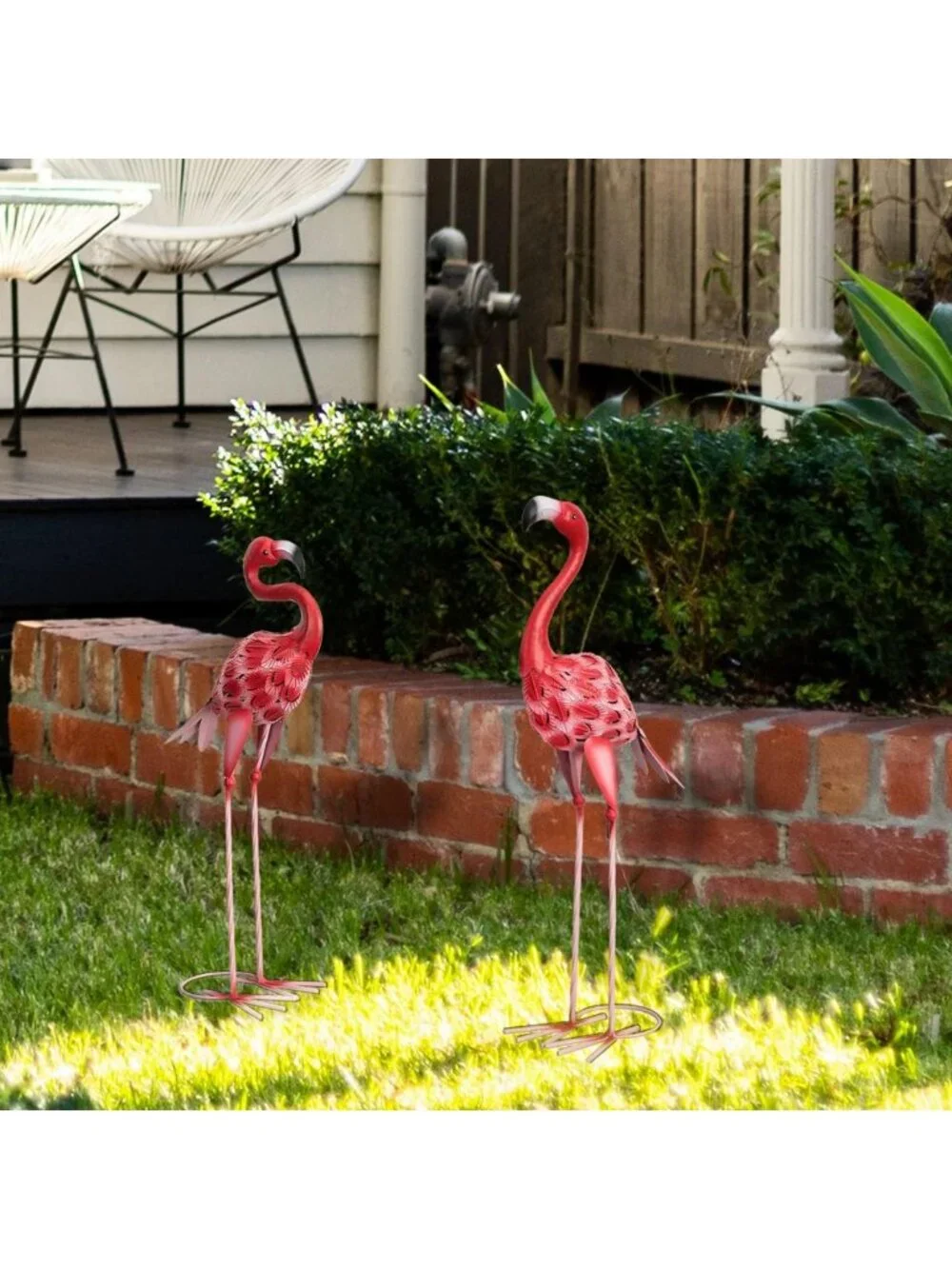 Set of 2 Metal Flamingo Garden Statues - Red Yard Art for Outdoor Décor